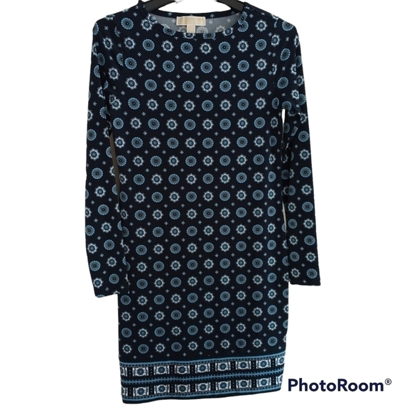 MICHAEL Michael Kors Navy Medallion Long Sleeve Stretch Classic Dress XS - Picture 1 of 9